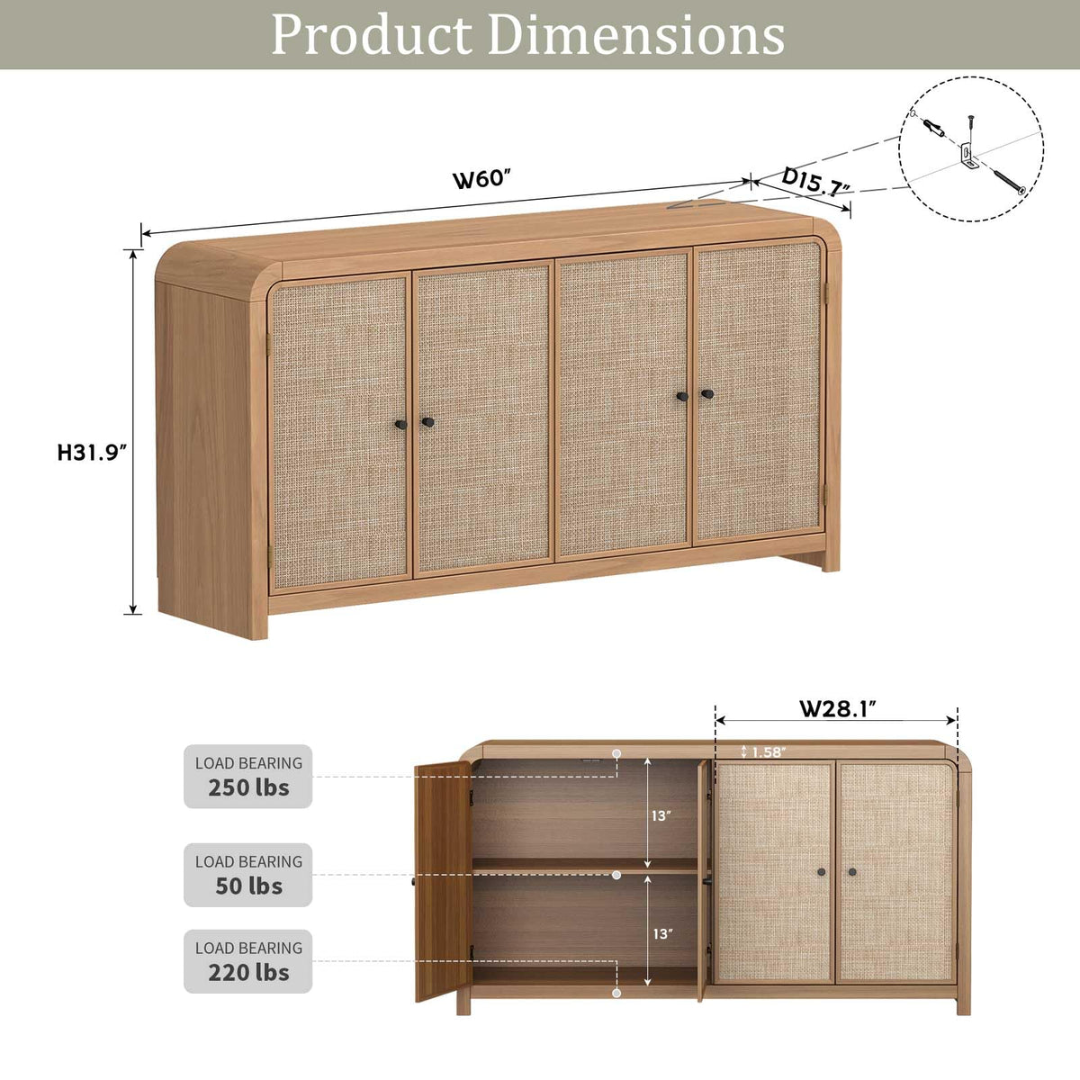 Oak Rattan Sideboard Buffet Cabinet I907