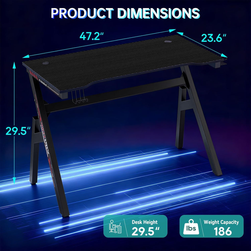 47 Inch Carbon Fiber Gaming Desk with Cup Holder and Headphone Hook P154