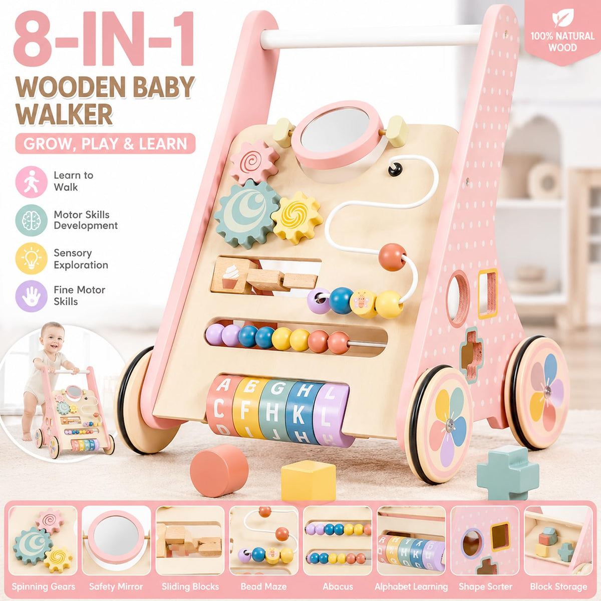 Pink Wooden Baby Walker M75427