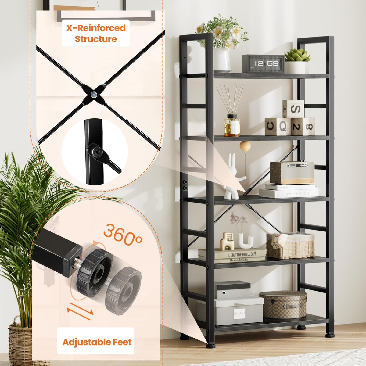 5 Tier Black Bookshelf M80503