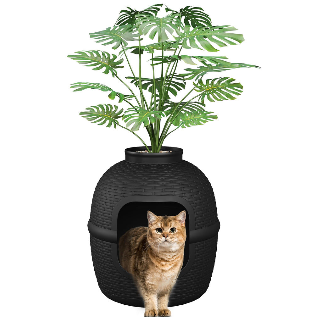 Black Large Cat Litter Box with Faux Plant O948