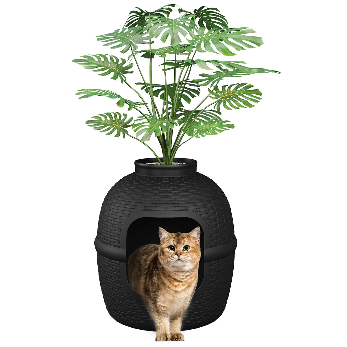 Black Large Cat Litter Box with Faux Plant O948