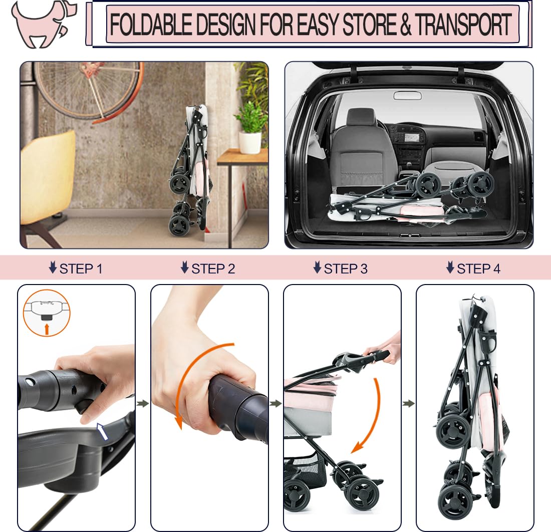 Pink Gray Pet Stroller with Detachable Carrier H126914