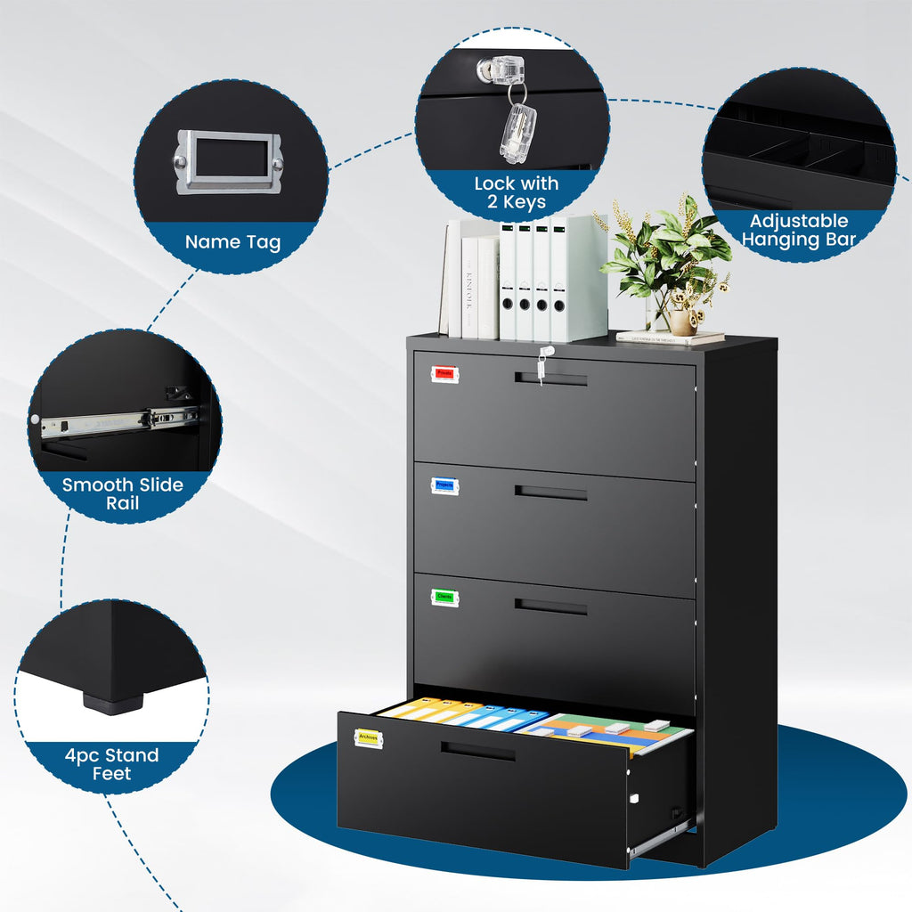 4 Drawer File Cabinet with Lock, Black S593386