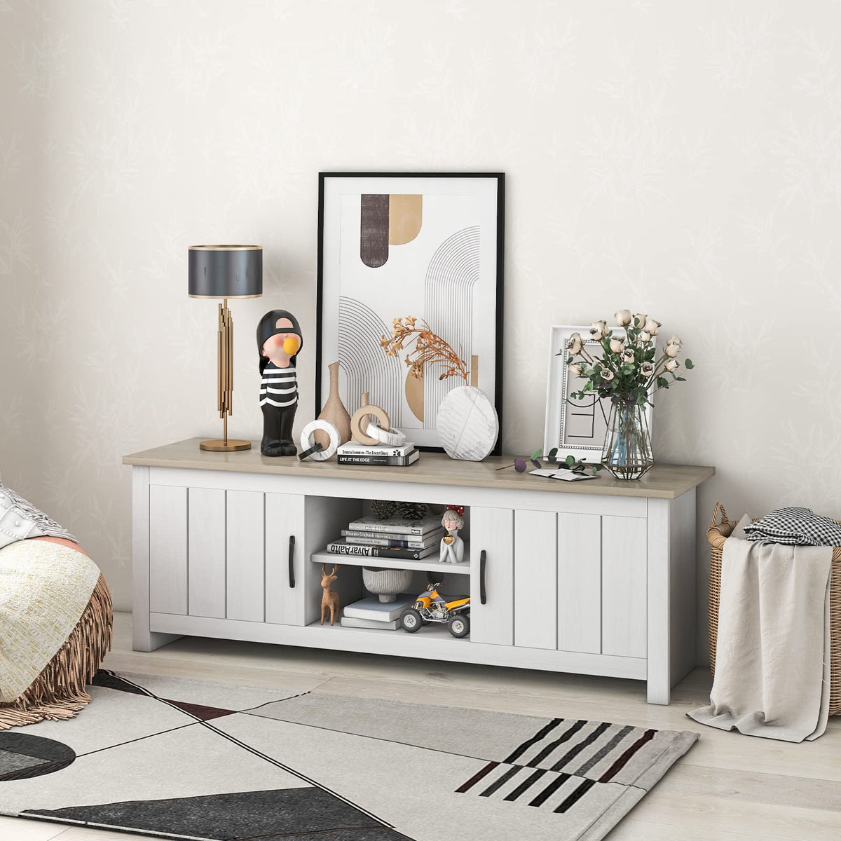 2 Doors TV Stand with 2 Cabinets & Open Shelves R51076