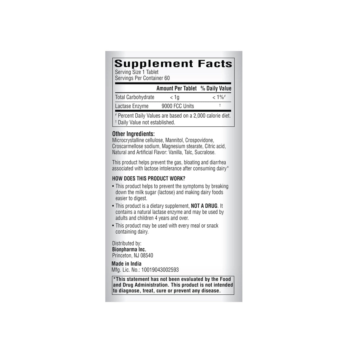 Lactase Enzyme 9000 FCC Chewable Tablets, 60 Count O981914