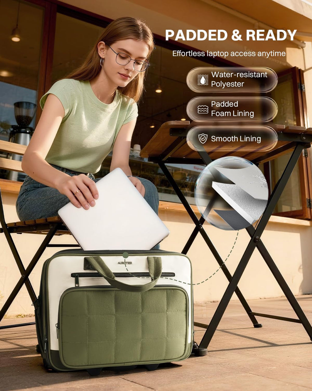 Rolling Puffer Laptop Bag, 16 Inch Water Resistant Carry On Luggage with Wheels, Green S798385