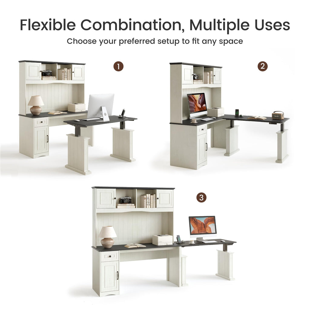 L Shaped Electric Standing Desk with Hutch and Drawers D785