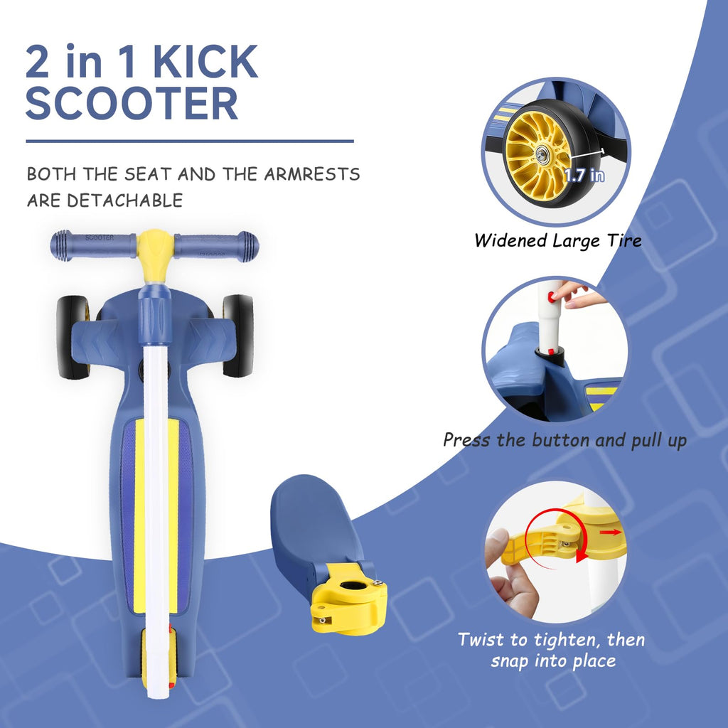 2 in 1 Kids Scooter with Removable Seat, Light up 3 Wheels, 4 Adjustable Height Y326276