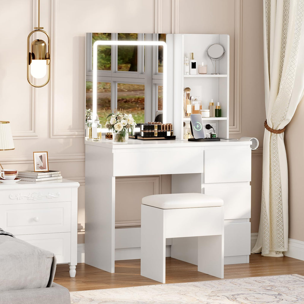White Vanity Desk with Mirror and LED Light F57546