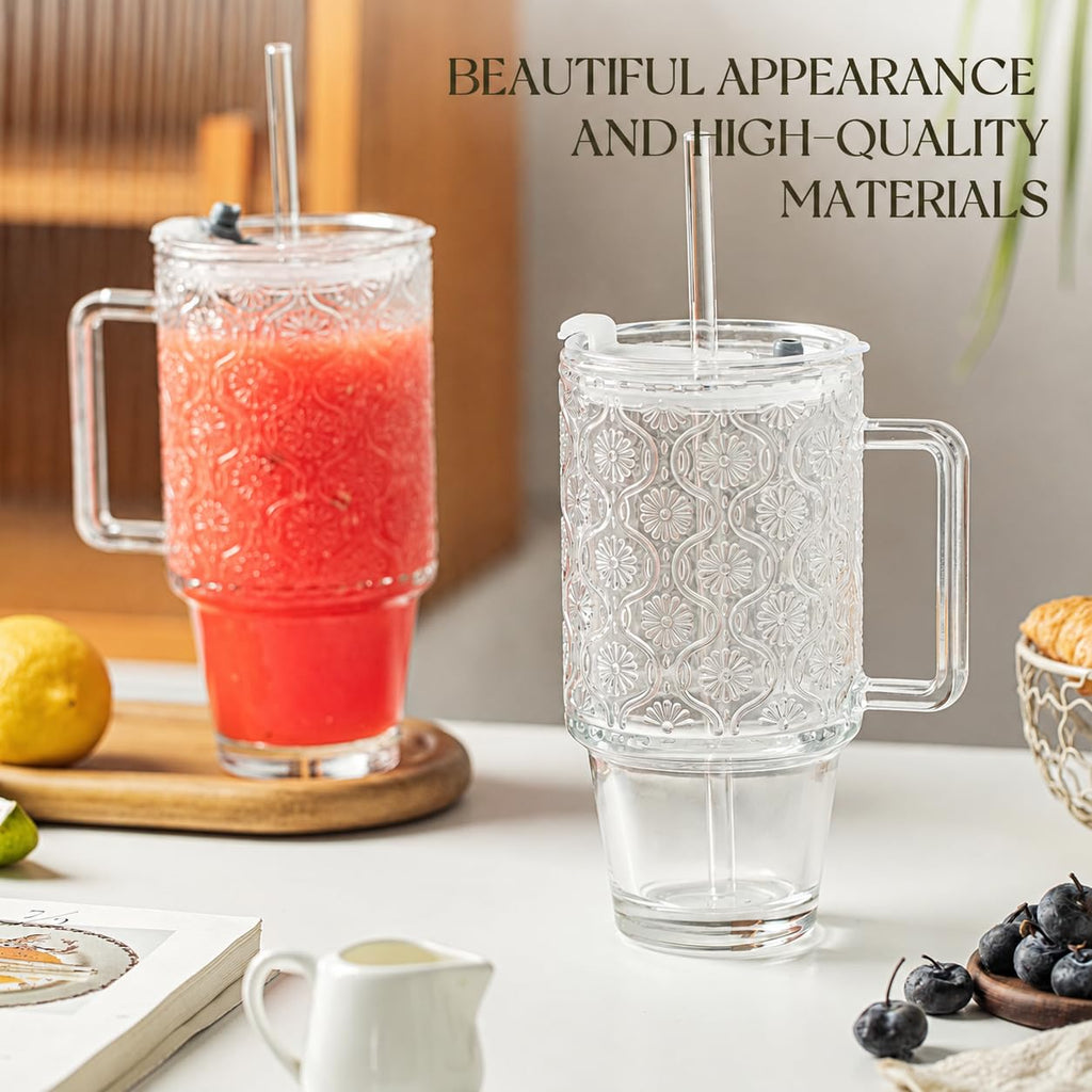 24 Oz Ribbed Glass Tumblers with Lids and Straws M32274