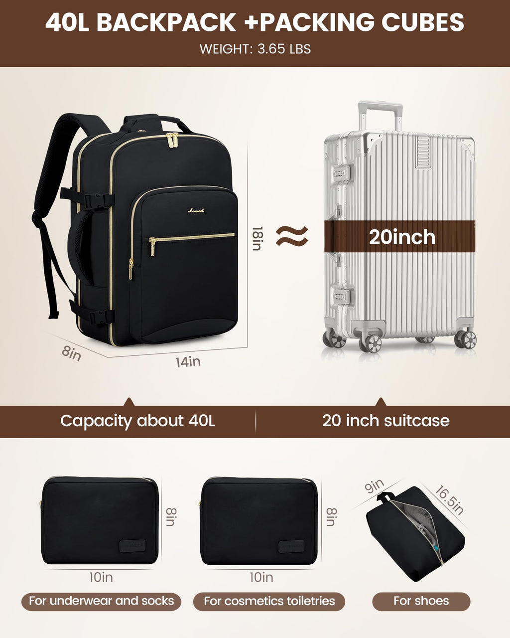 40L Waterproof Travel Backpack with 3 Packing Cubes, fits 17" Laptop B24454