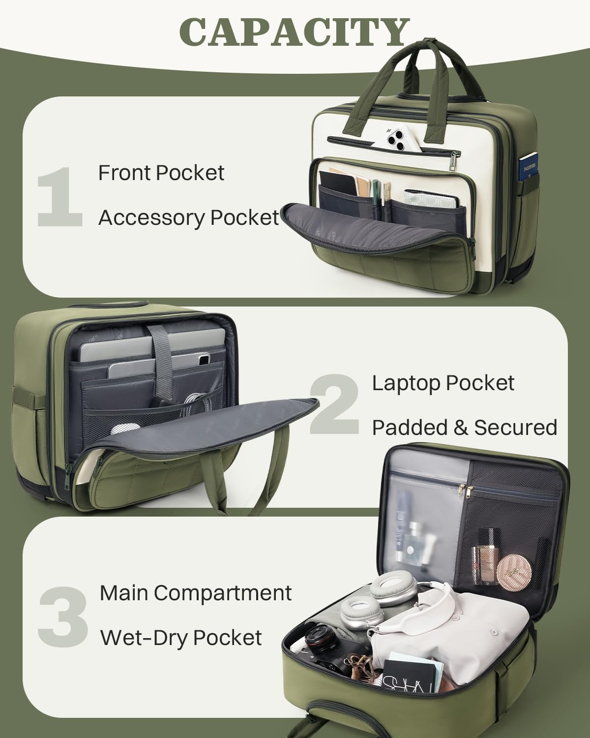 Rolling Puffer Laptop Bag, 16 Inch Water Resistant Carry On Luggage with Wheels, Green S798385