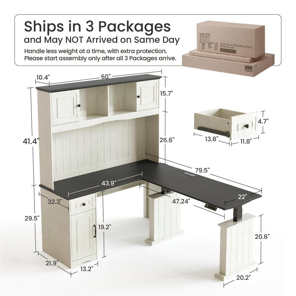 L Shaped Electric Standing Desk with Hutch and Drawers D785