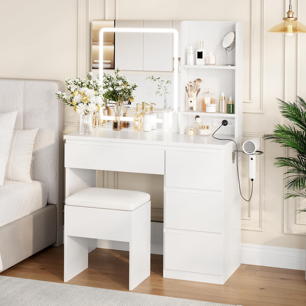 White Vanity Desk with Mirror and LED Light F57546