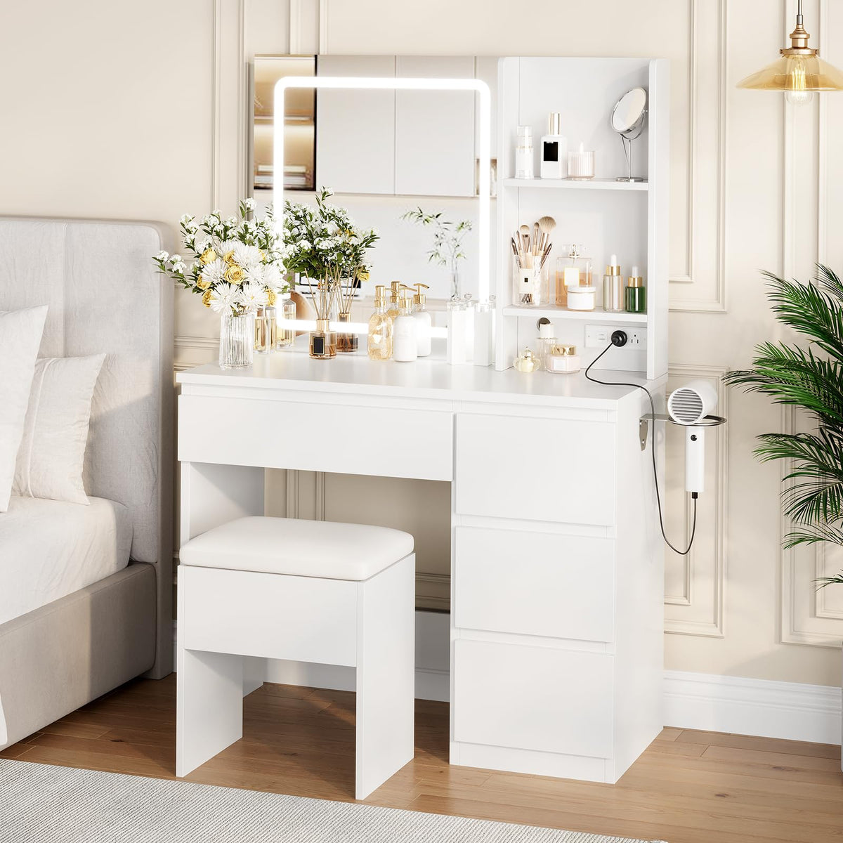 White Vanity Desk with Mirror and LED Light F57546
