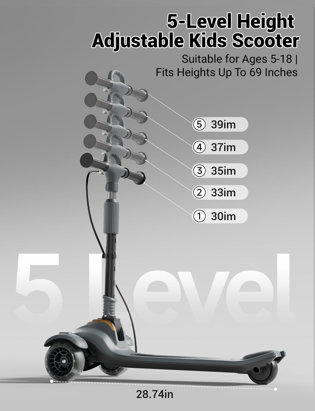 Kids Scooter with Dual Brakes, Music, Lights, Adjustable and Folding F3565