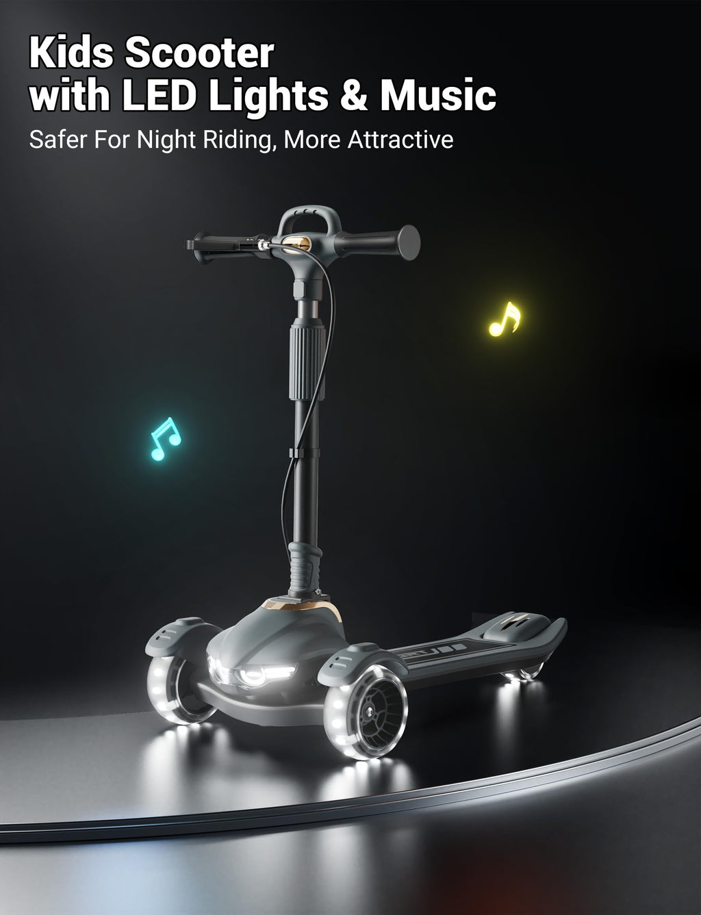 Kids Scooter with Dual Brakes, Music, Lights, Adjustable and Folding F3565