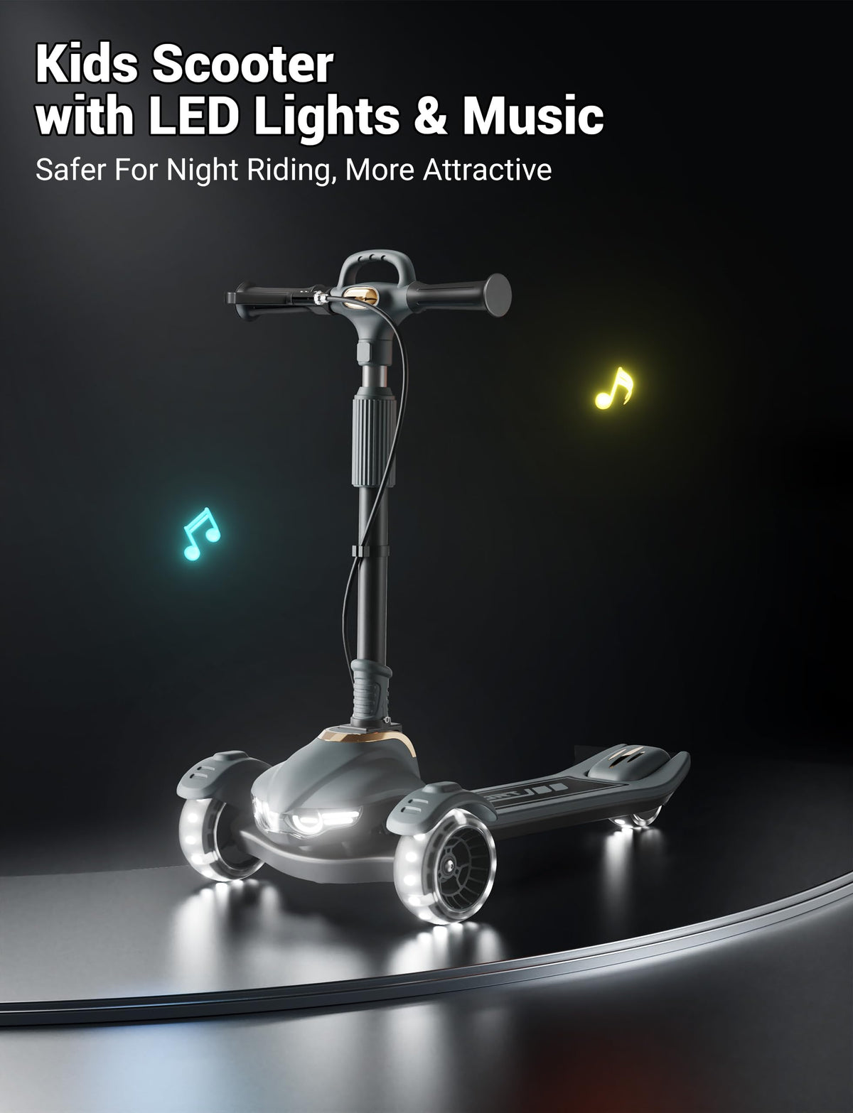 Kids Scooter with Dual Brakes, Music, Lights, Adjustable and Folding F3565