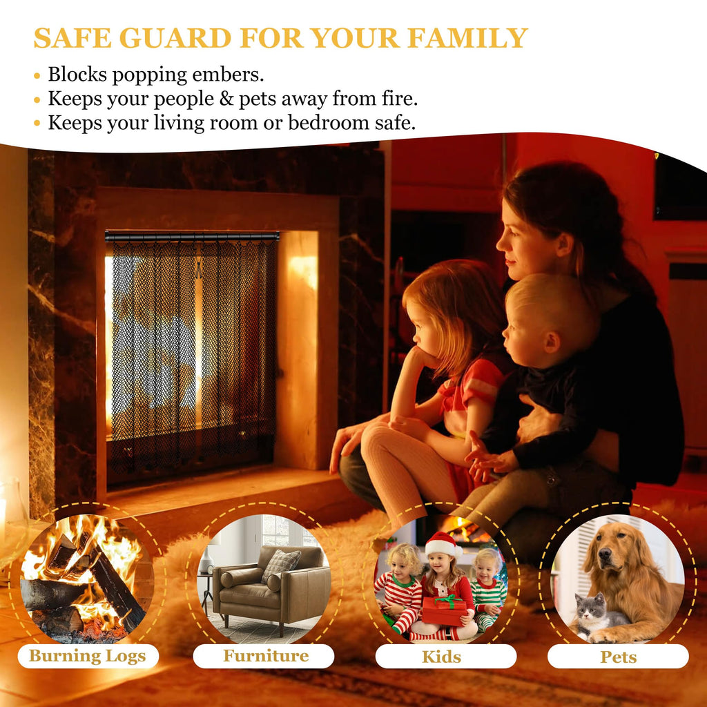 Fireplace Mesh Screen Curtain Kit with Adjustable Rod and Panels 19" H × 24" W Black Matte R2192