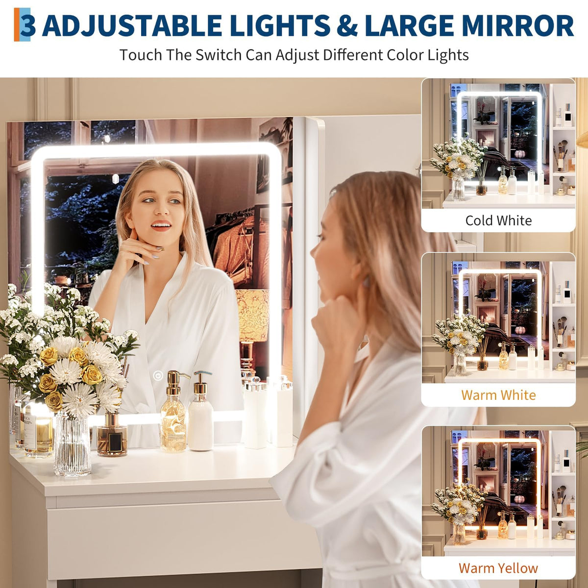 White Vanity Desk with Mirror and LED Light F57546