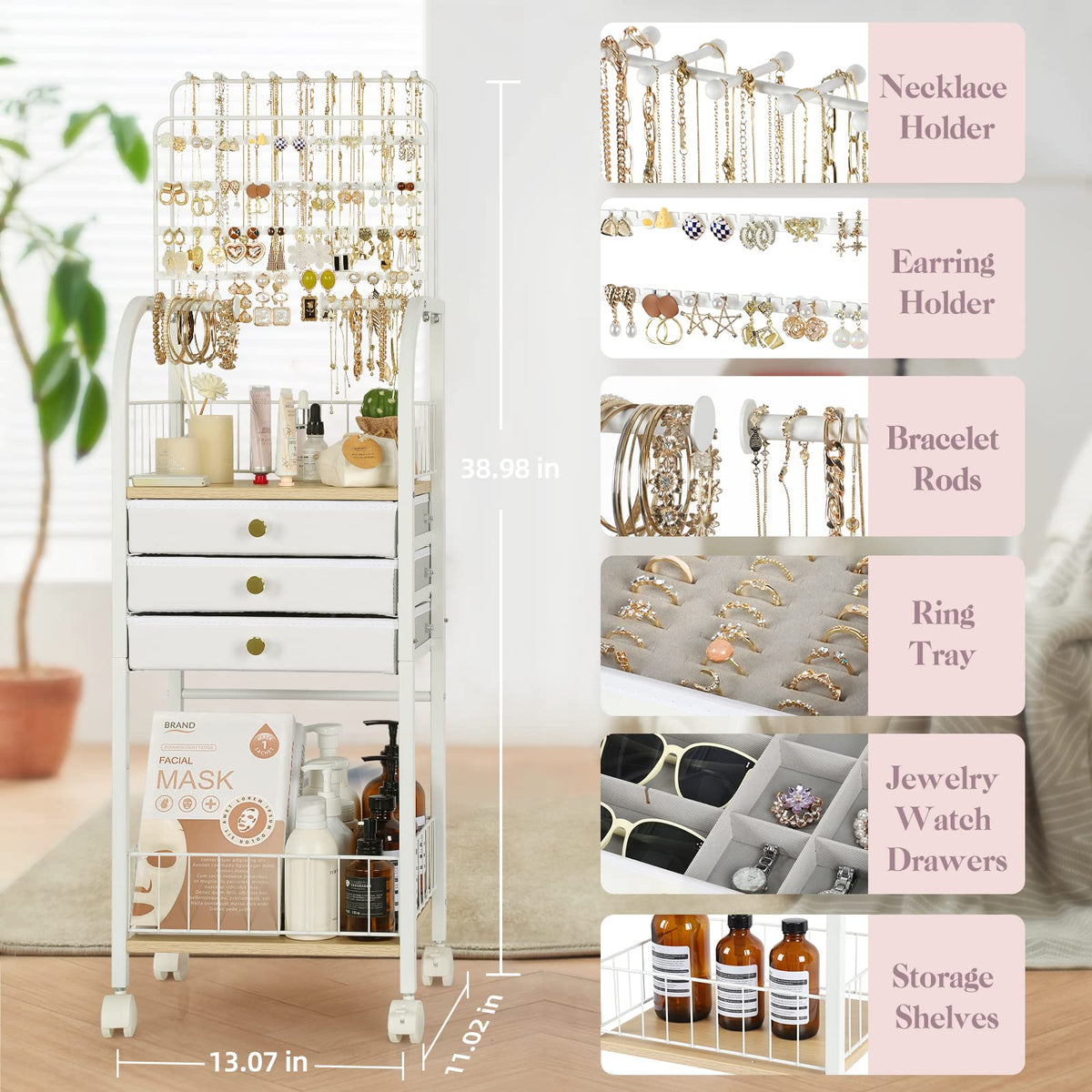 Large White 3 Drawer Floor Jewelry Organizer Stand Q70416