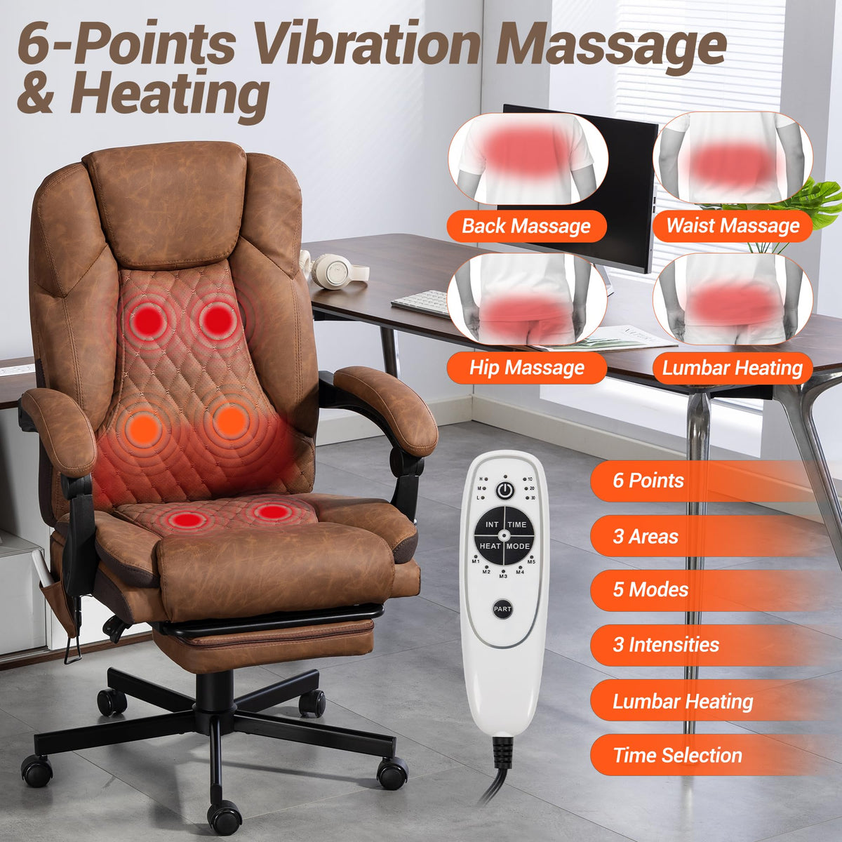 Brown Heated Massage Office Chair with Footrest T61567