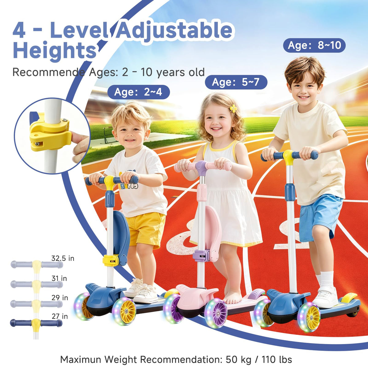 2 in 1 Kids Scooter with Removable Seat, Light up 3 Wheels, 4 Adjustable Height Y326276