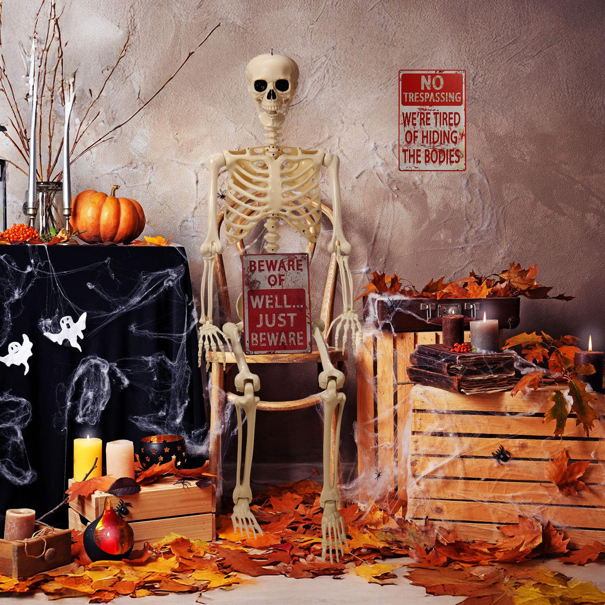 5.4 ft Posable Skeleton with 2 Pack Metal Signs U51901