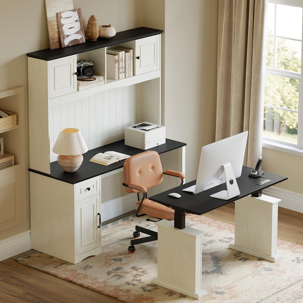 L Shaped Electric Standing Desk with Hutch and Drawers D785