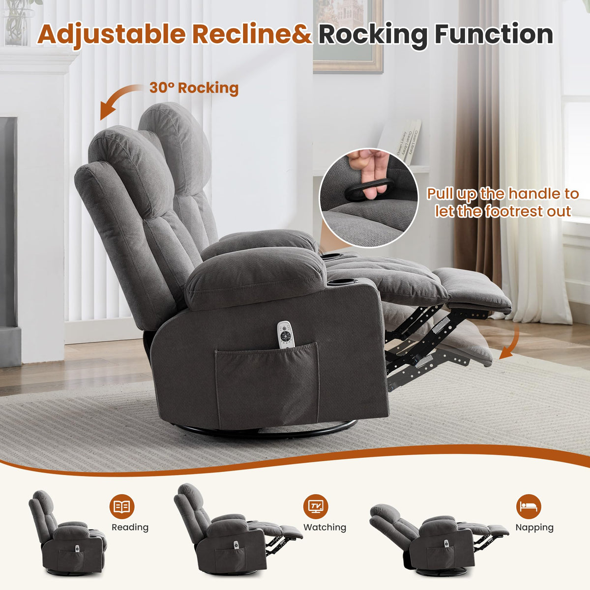 Swivel Rocker Recliner Chair with Massage and Heat D28665