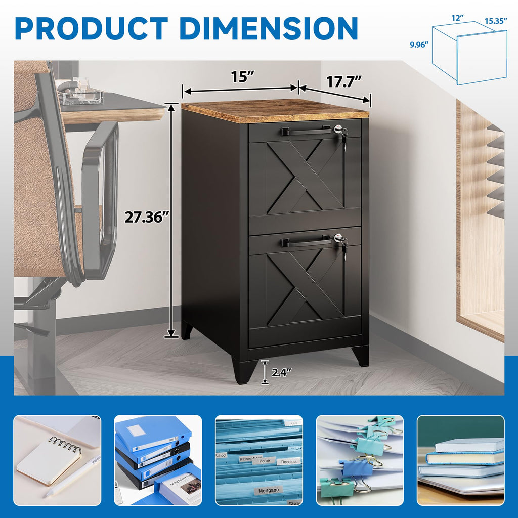 Black 2 Drawer Steel File Cabinet with Lock J354