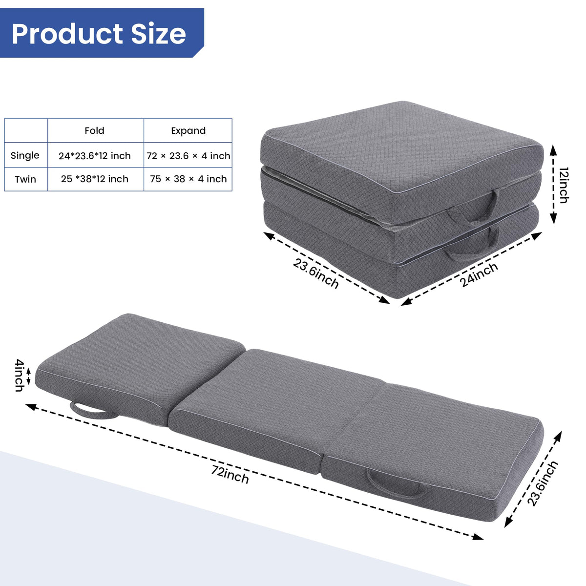 4 Inch Tri-Fold Memory Foam Mattress with Washable Cover Q24648