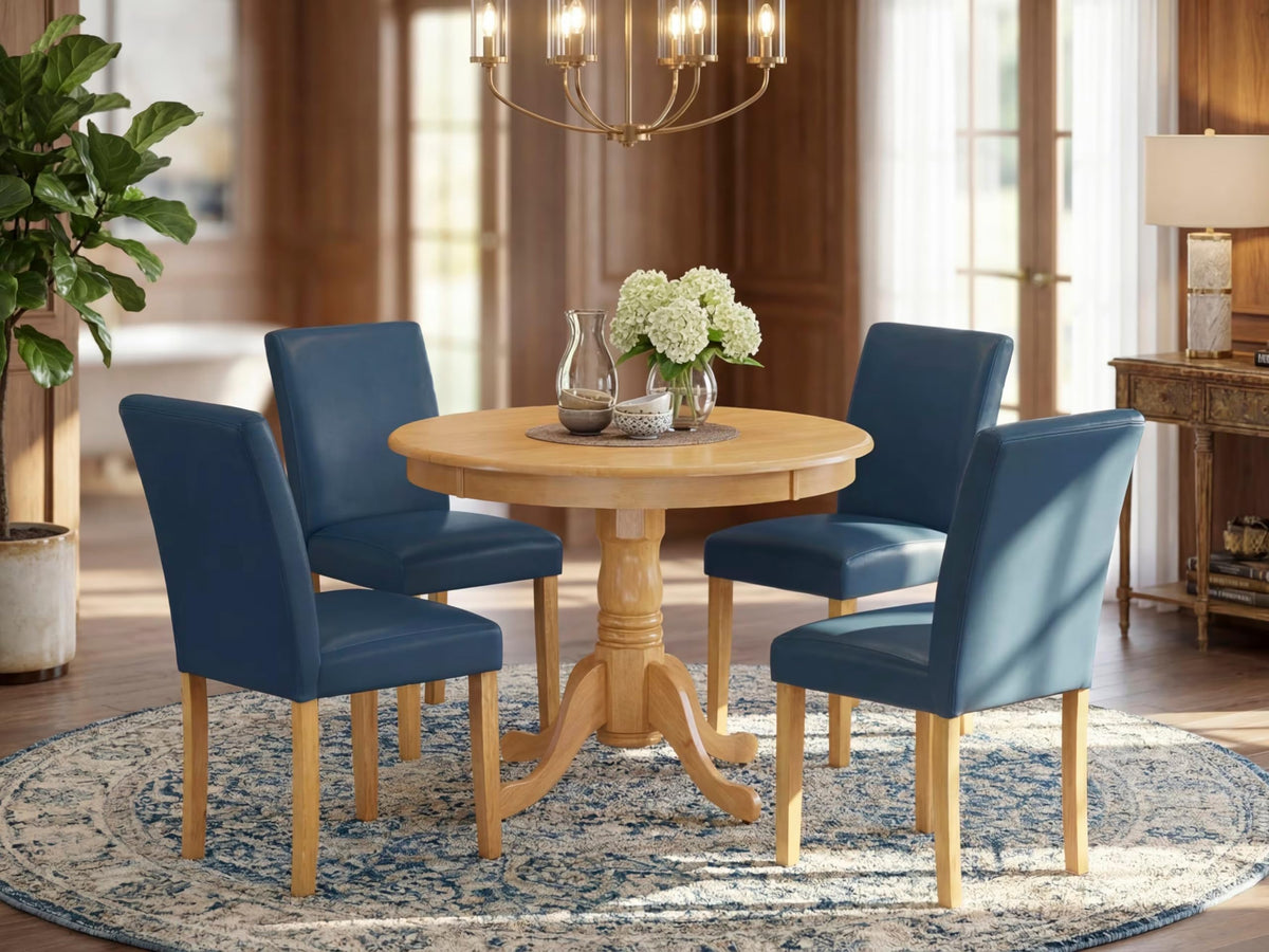 5 Piece Oak Dining Table Set with 4 Blue Faux Leather Chairs V713