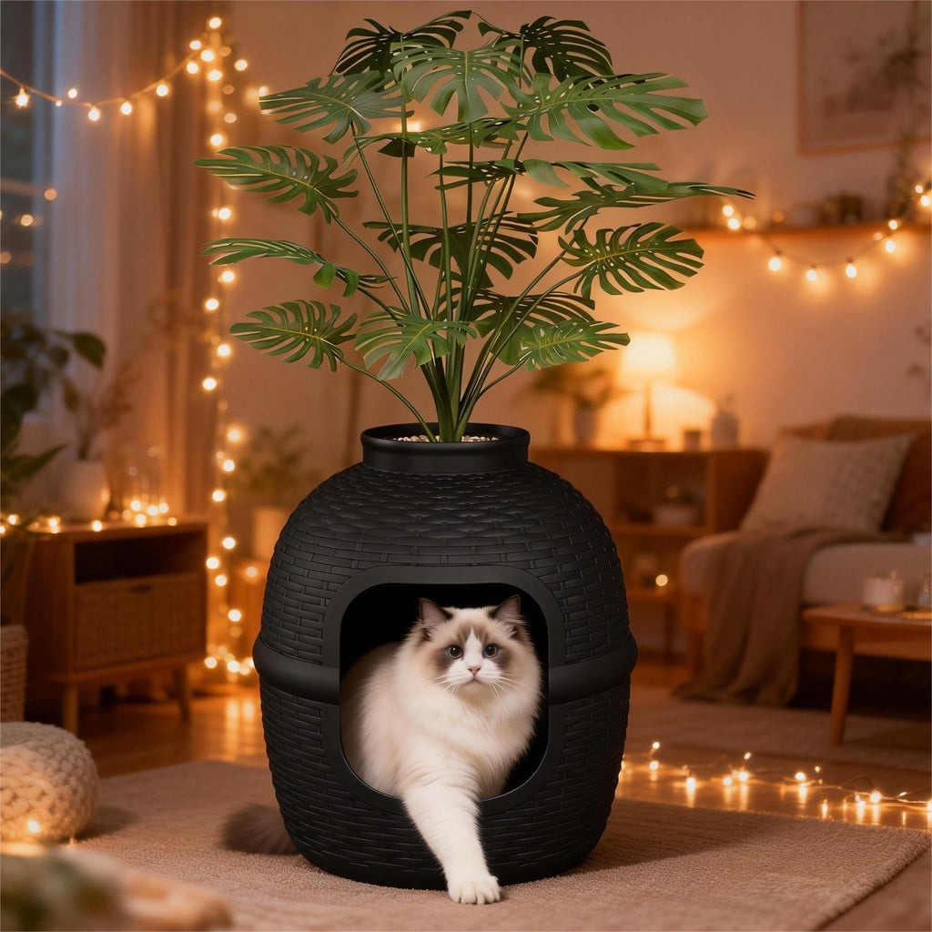 Black Large Cat Litter Box with Faux Plant O948