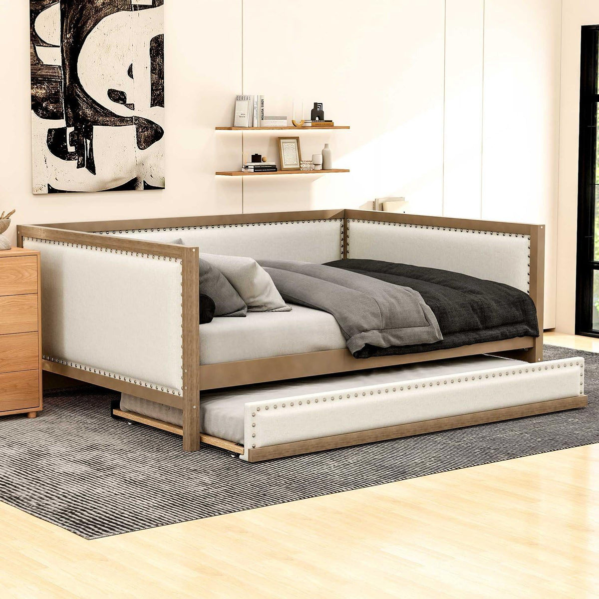 Full Size Upholstered Daybed with Trundle Linen Fabric D7882