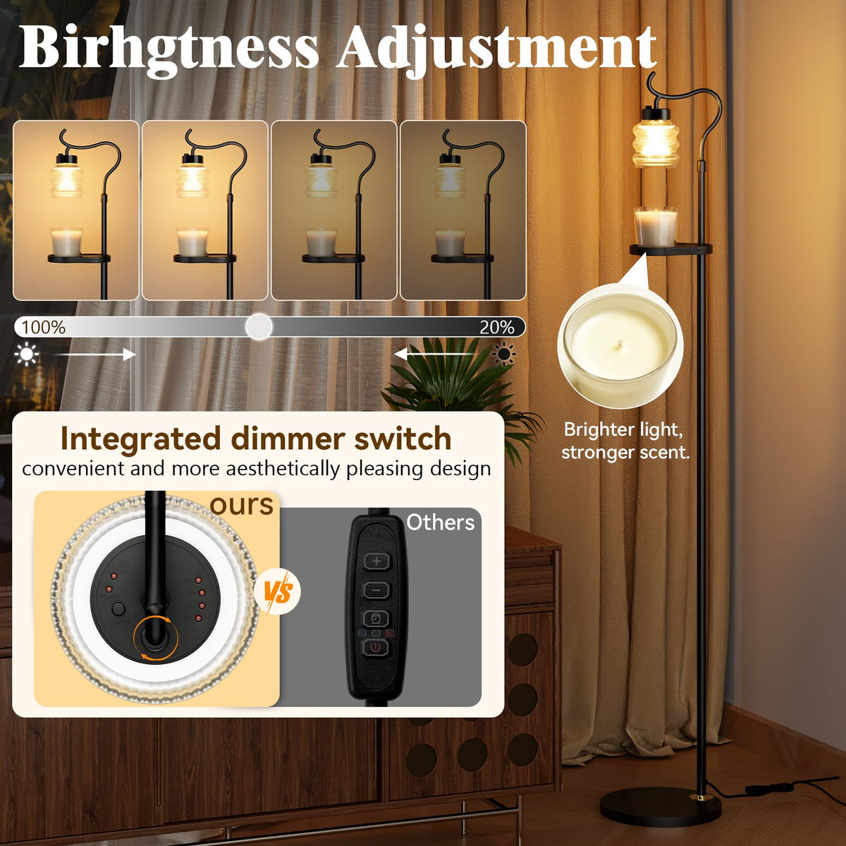 Dimmable Height Adjustable Candle Warmer Floor Lamp with Timer P446889