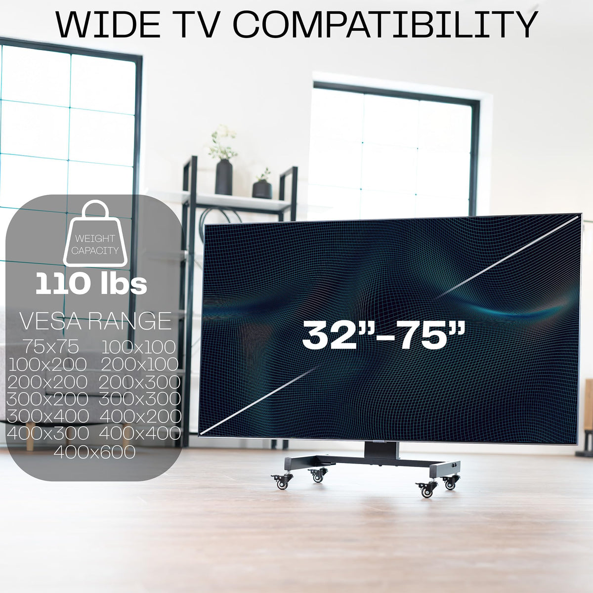 Low Height TV Cart for 32 to 75 inch Screens, Black Y195