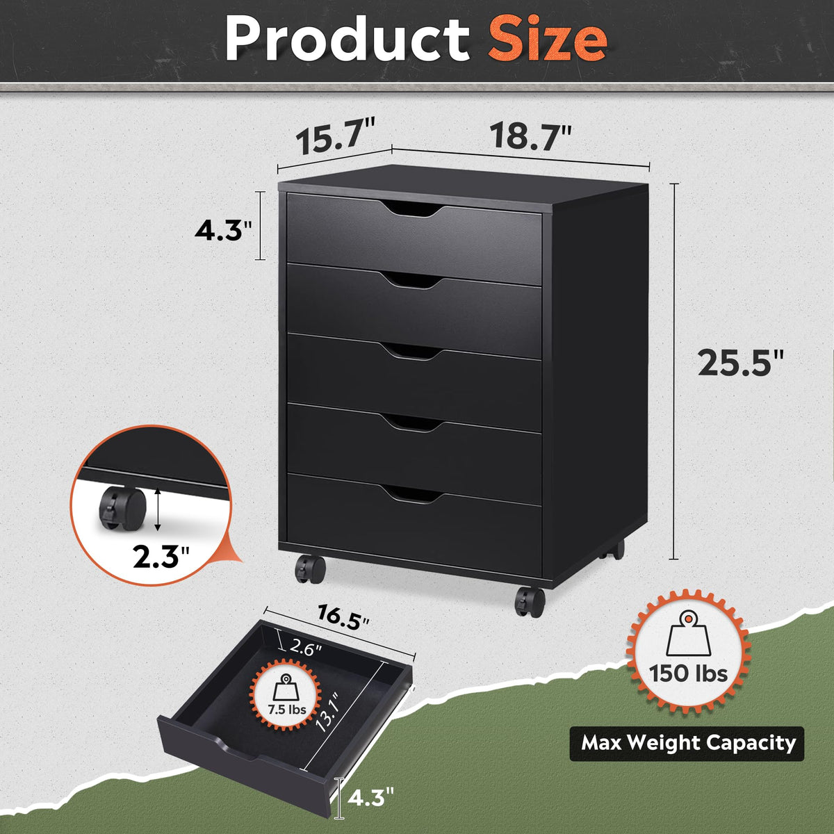 5 Drawer Black Filing Cabinet W298