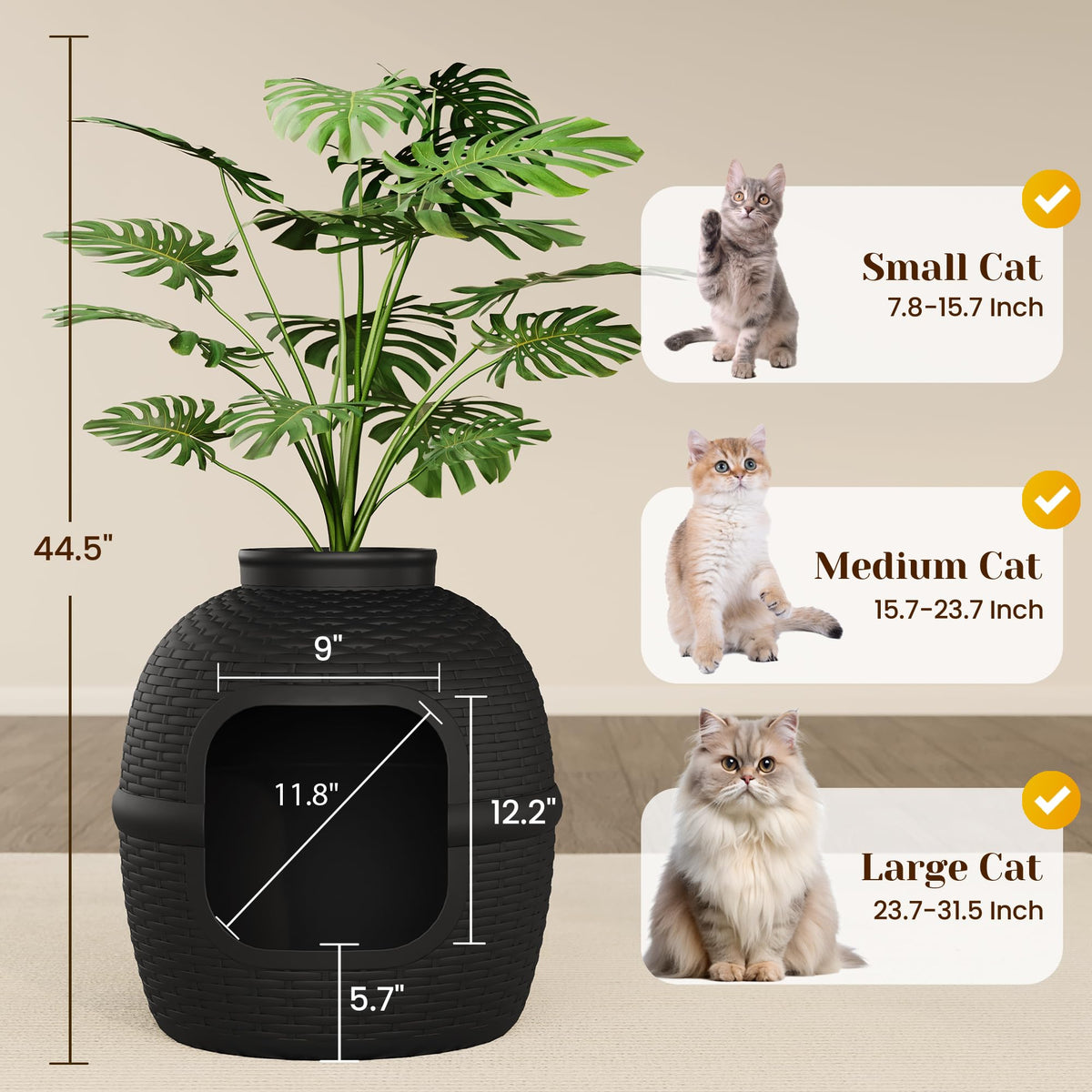 Black Large Cat Litter Box with Faux Plant O948
