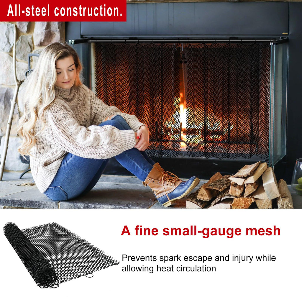 Fireplace Mesh Screen Curtain Kit with Adjustable Rod and Panels 19" H × 24" W Black Matte R2192