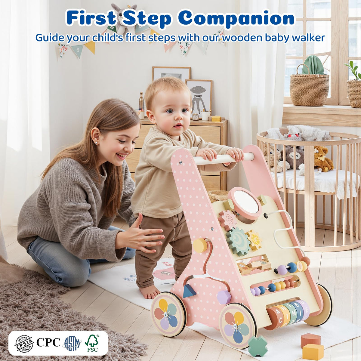 Pink Wooden Baby Walker M75427