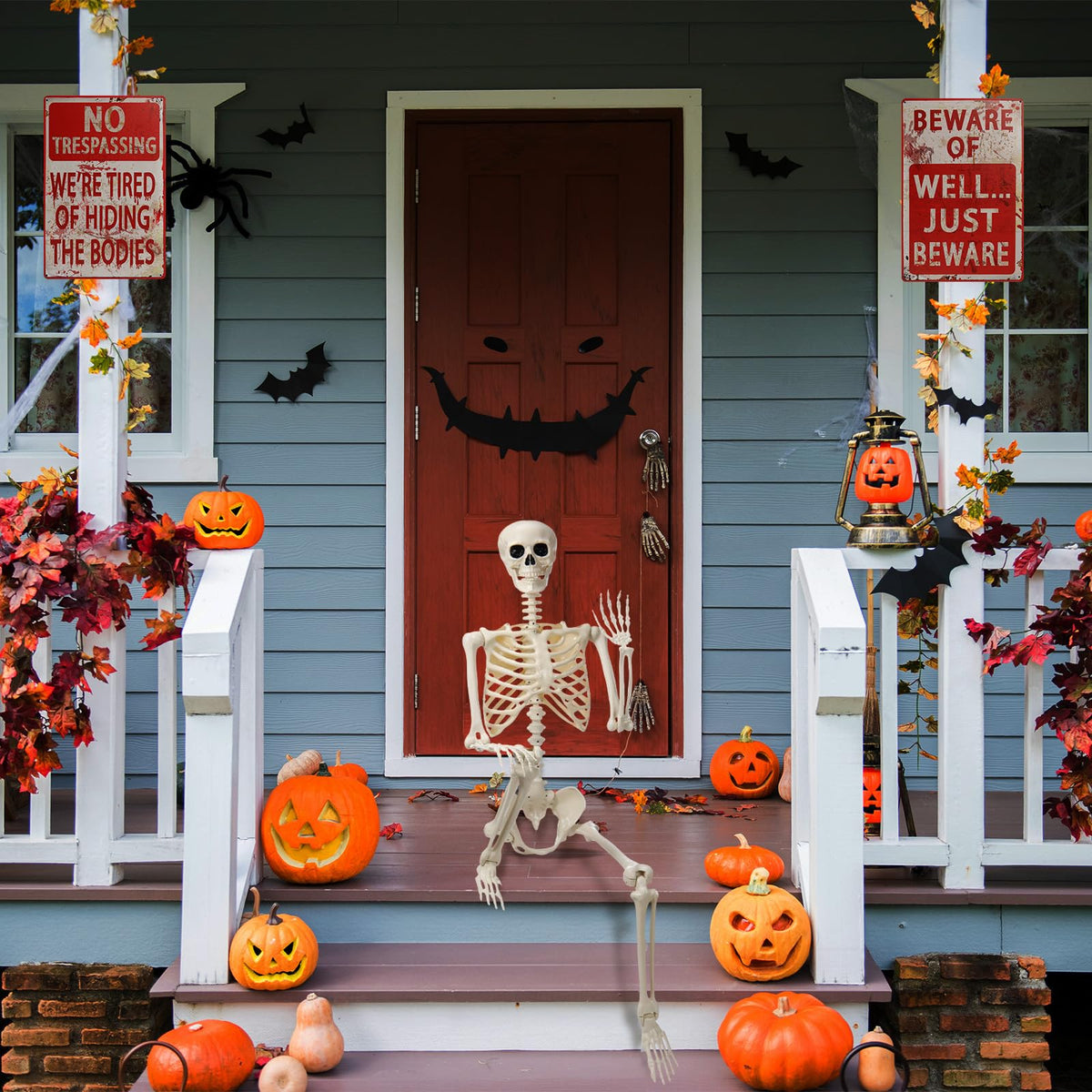 5.4 ft Posable Skeleton with 2 Pack Metal Signs U51901