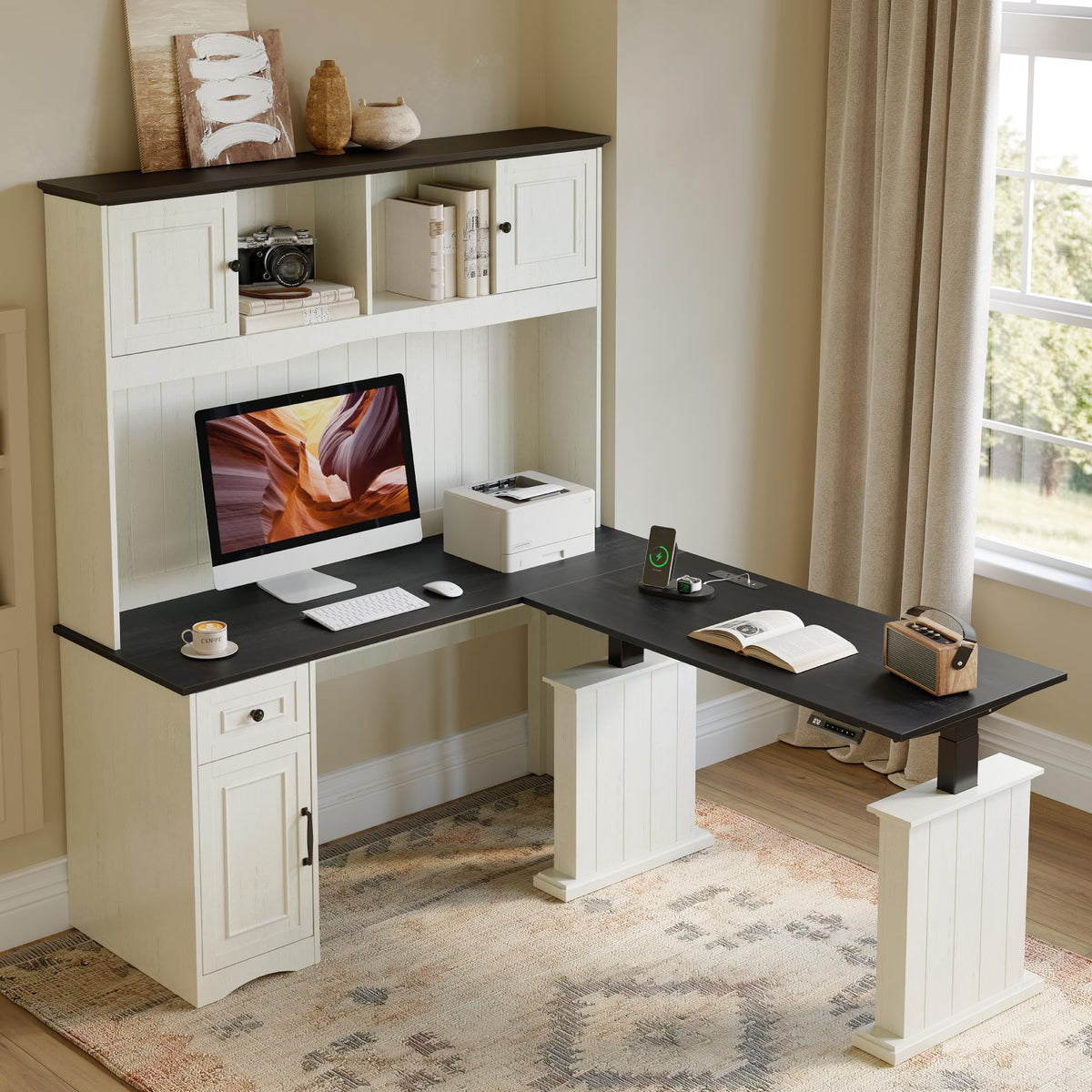 L Shaped Electric Standing Desk with Hutch and Drawers D785