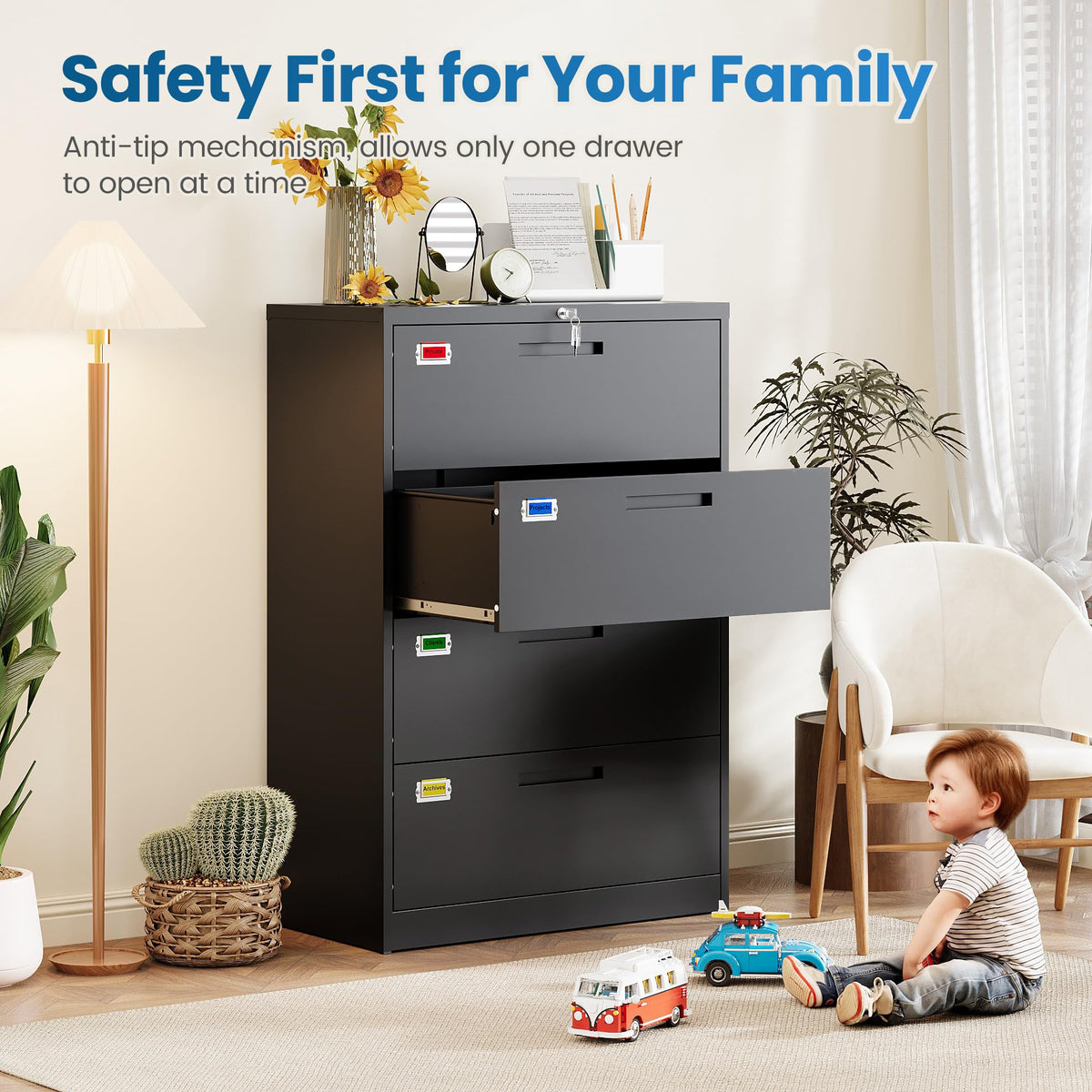 4 Drawer File Cabinet with Lock, Black S593386