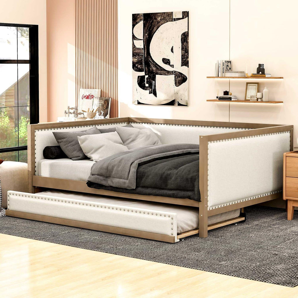 Full Size Upholstered Daybed with Trundle Linen Fabric D7882