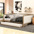 Full Size Upholstered Daybed with Trundle Linen Fabric D7882
