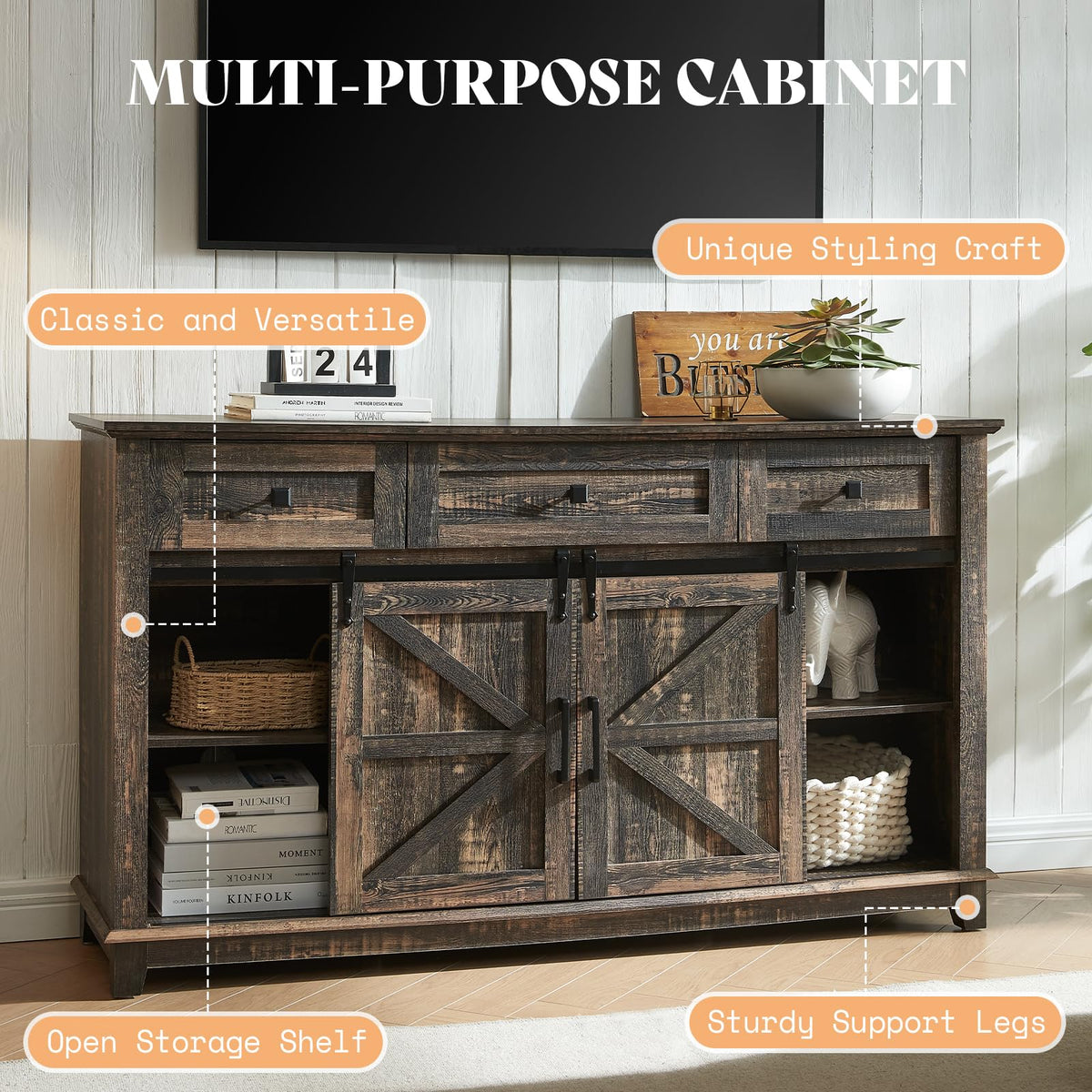 59" Dark Rustic Oak TV Stand with Storage Drawers T536328