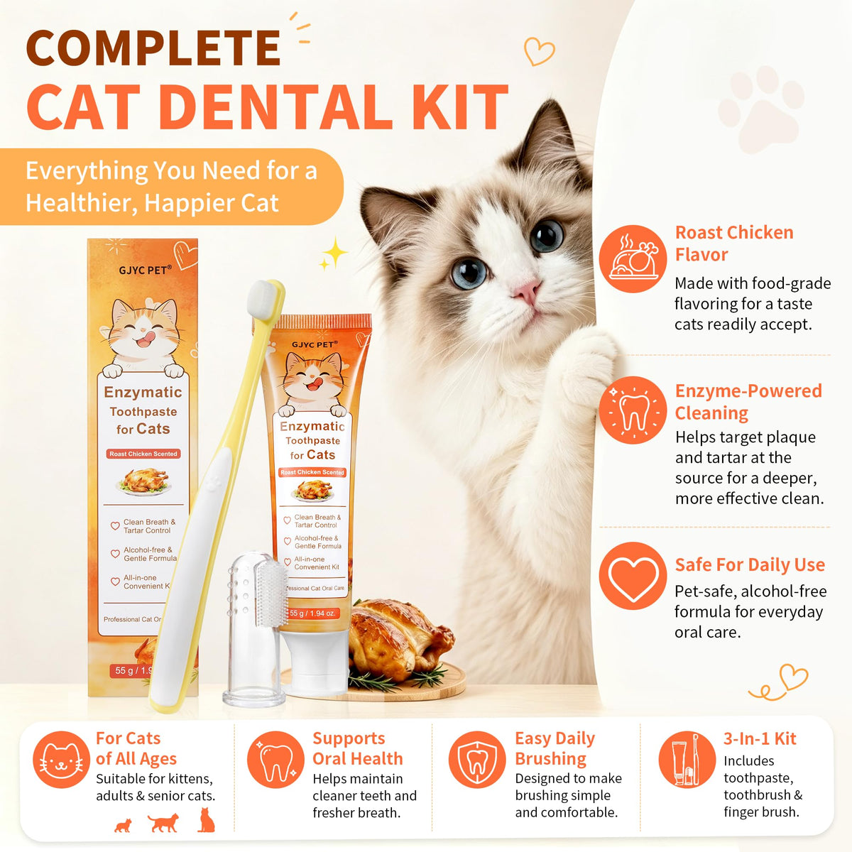 55g Roasted Chicken Enzymatic Cat Tooth Brushing Kit with Soft Bristles Toothbrush & Finger Brush L596699