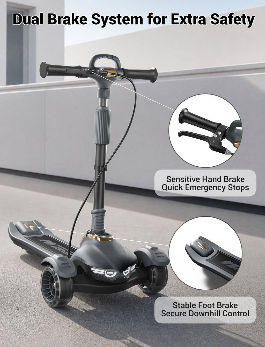 Kids Scooter with Dual Brakes, Music, Lights, Adjustable and Folding F3565